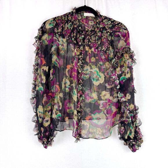 ULLA JOHNSON Andi Sheer Chiffon Crinkle Floral Silk Blouse Size 0 - Picture 3 of 7